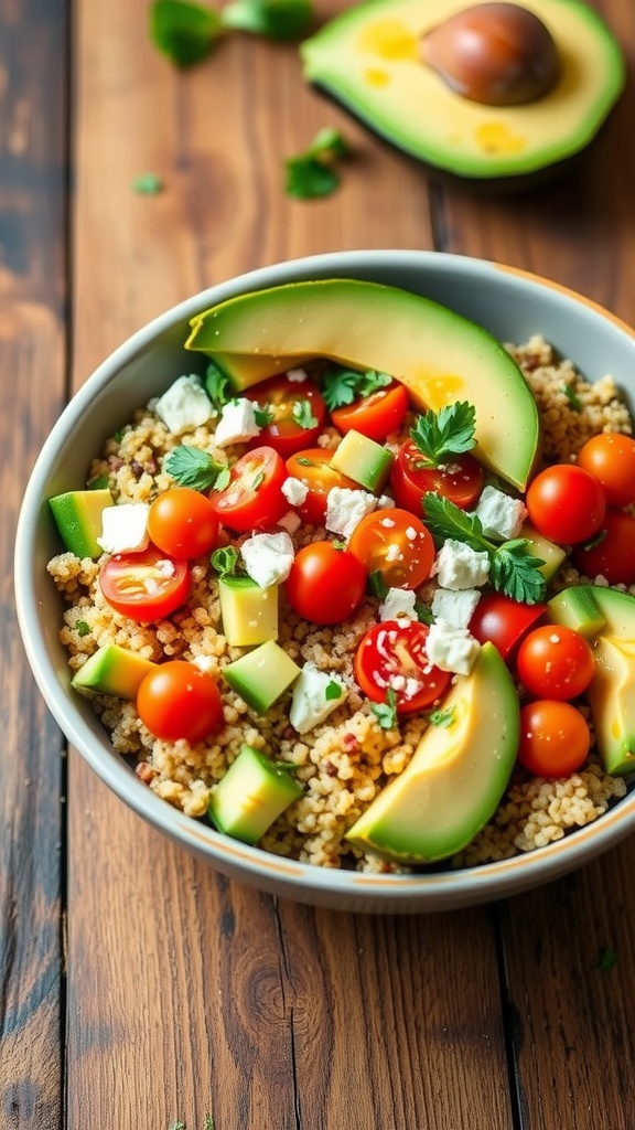 Colorful quinoa lunch bowl with cherry tomatoes, cucumbers, avocado, and feta cheese, garnished with herbs on a rustic table.